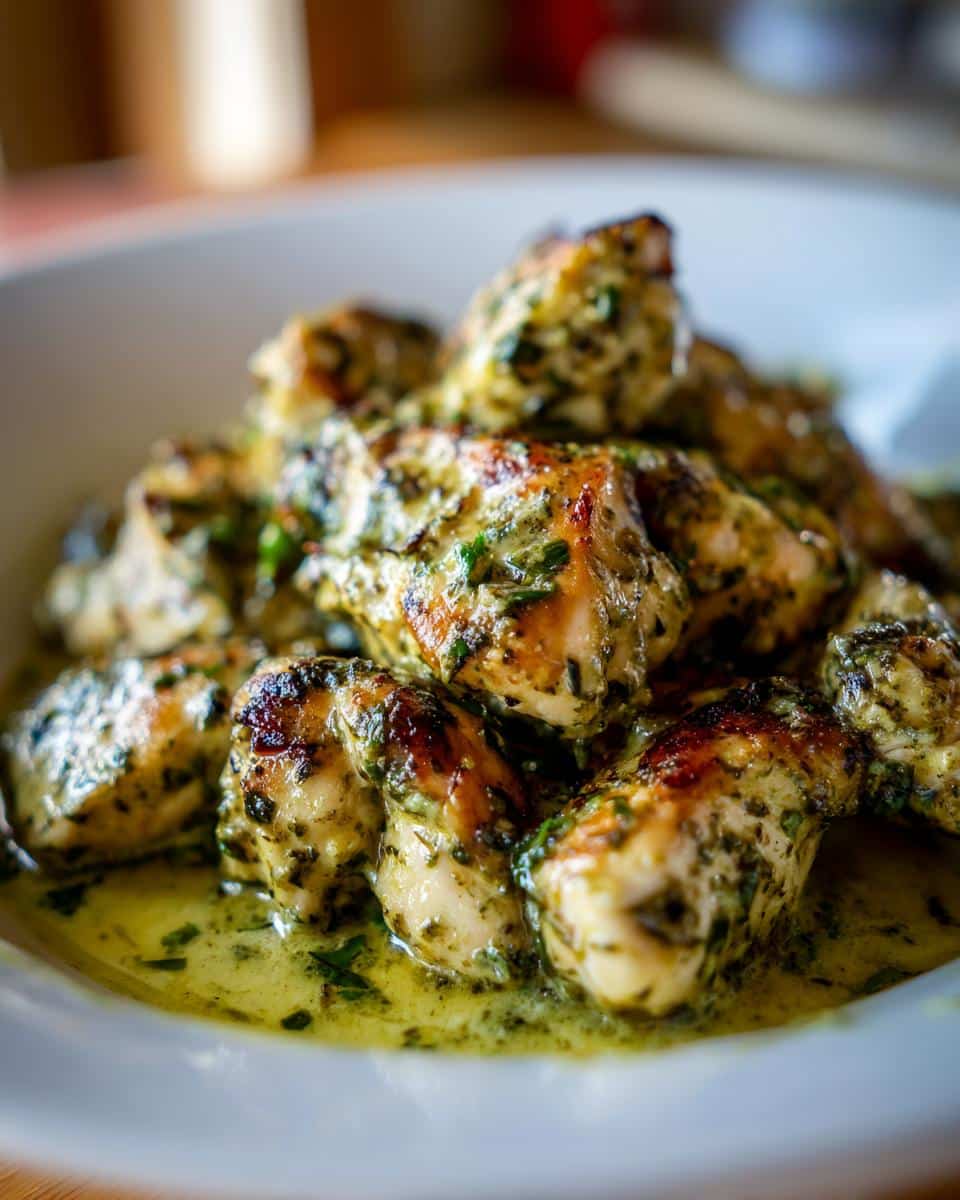 Close-up of golden-brown Creamy Pesto Chicken Breast chunks in a rich green sauce, served in a white bowl.