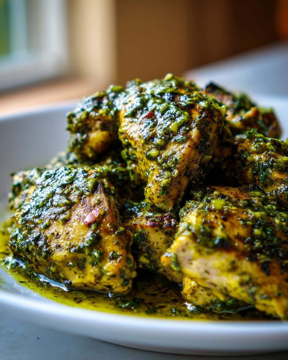 Close-up of golden-brown chicken pieces generously coated in vibrant green Creamy Pesto Chicken Breast sauce, served in a white bowl.