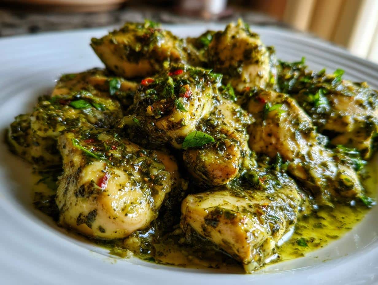 Close-up of tender Creamy Pesto Chicken Breast pieces coated in a rich green pesto sauce with visible herbs and red pepper flakes.