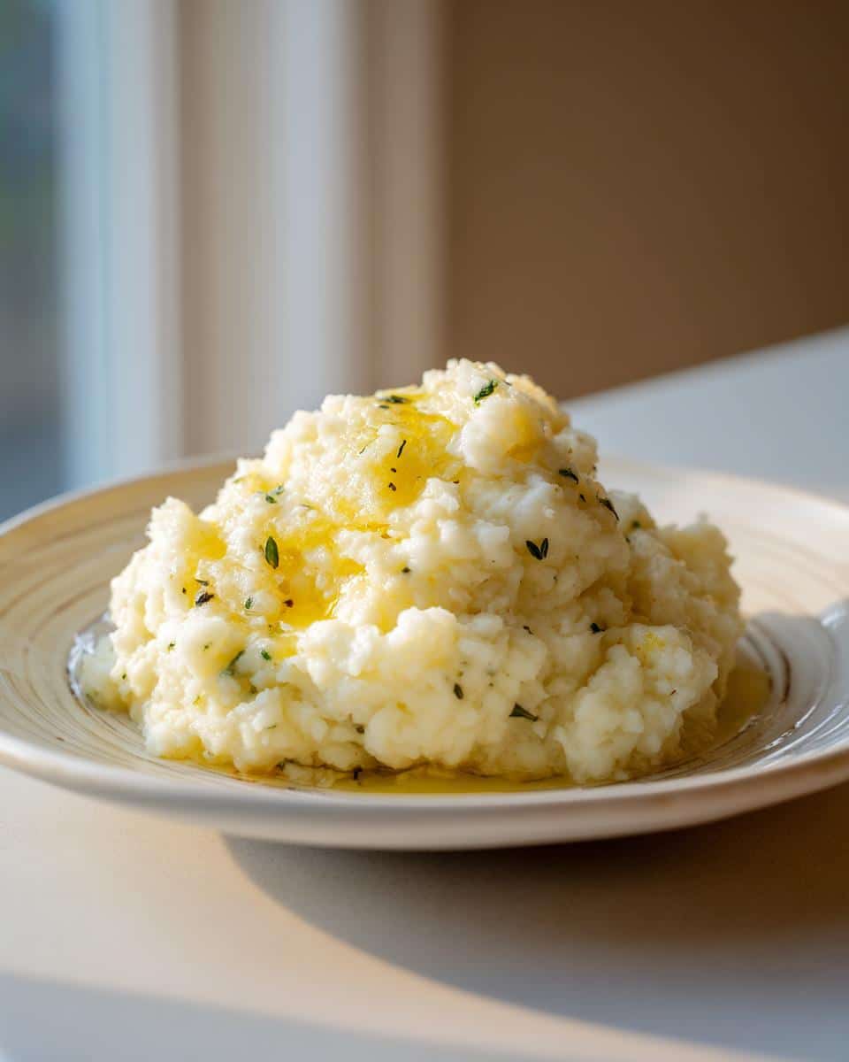 A serving of creamy Roasted Garlic Mashed Potatoes topped with melted butter and fresh herbs on a white plate.
