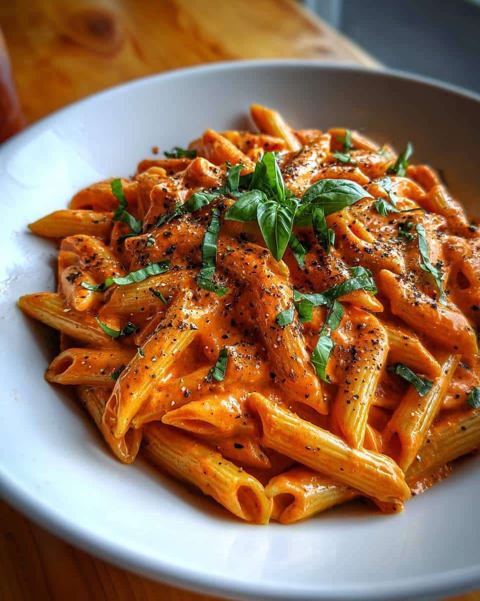 A close-up of a bowl of Creamy Tomato Pasta, garnished with fresh basil leaves and black pepper.