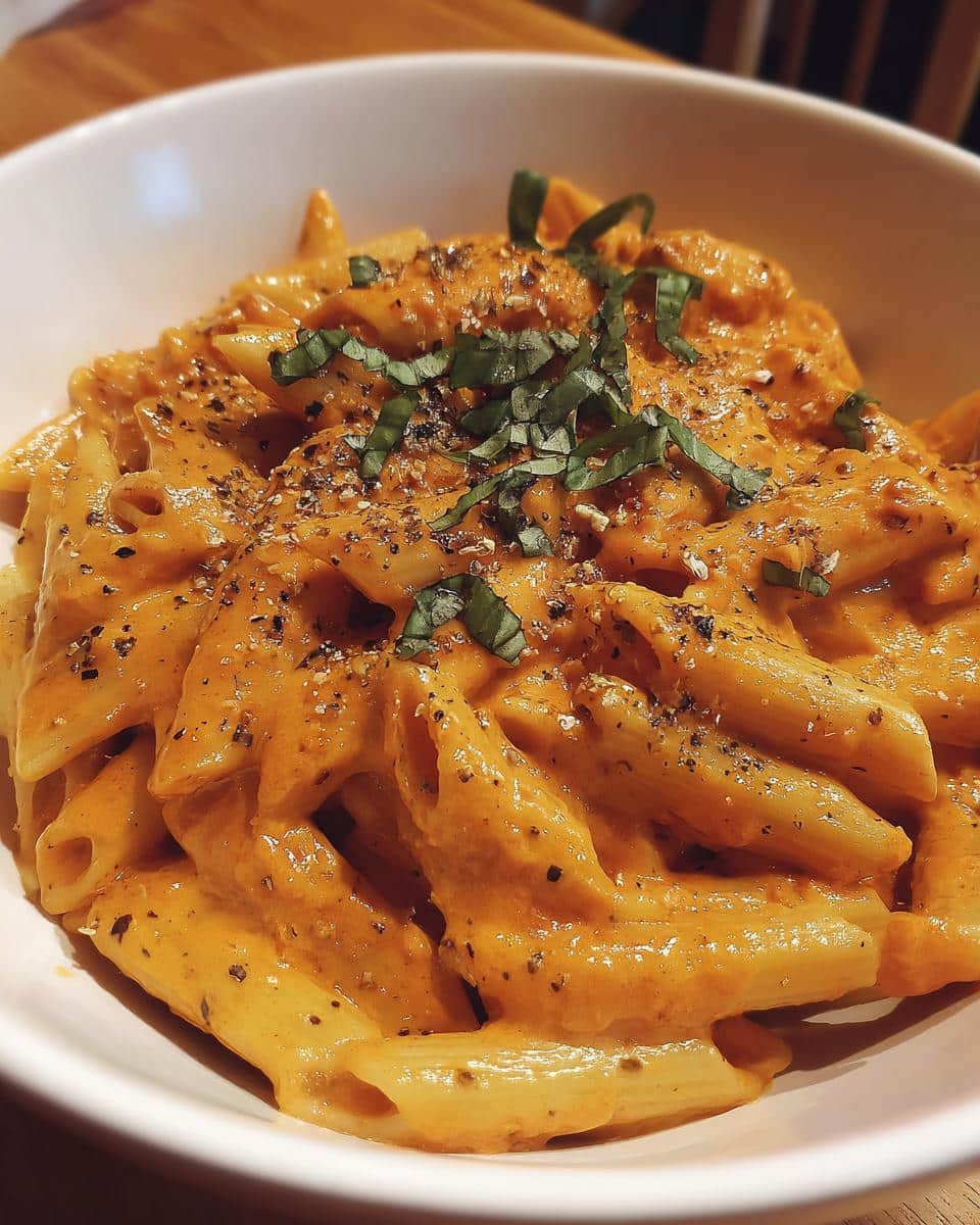 A close-up of a bowl of Creamy Tomato Pasta, garnished with fresh basil and black pepper.