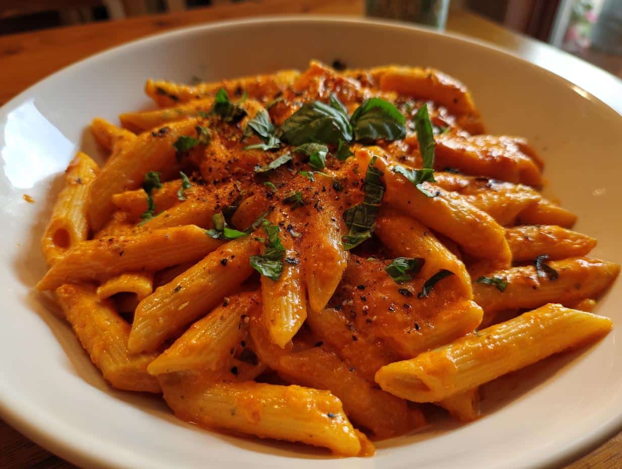 A close-up of a white bowl filled with creamy tomato pasta, garnished with fresh basil leaves and black pepper.