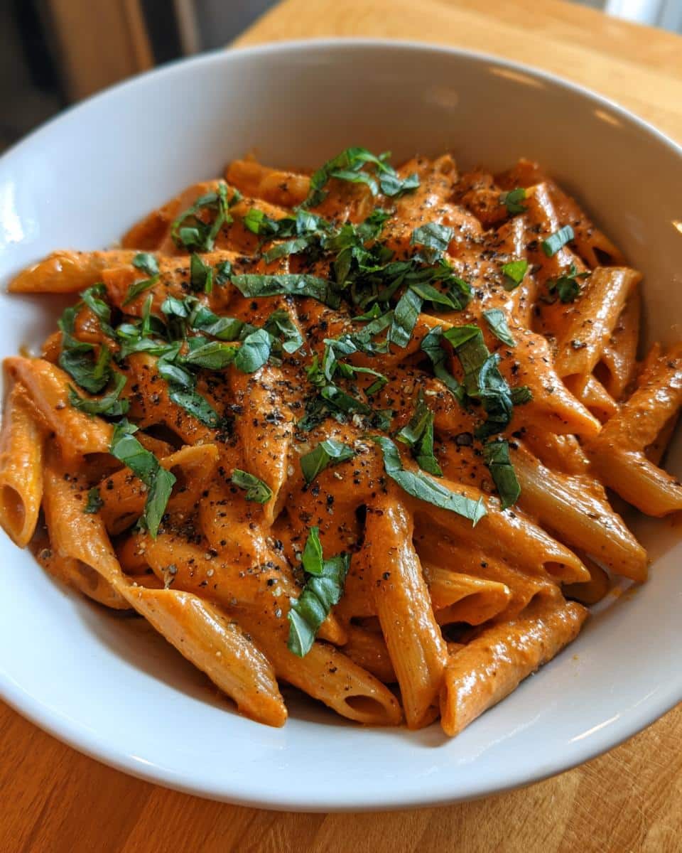 A close-up of a white bowl filled with Creamy Tomato Pasta, garnished with fresh basil leaves and black pepper.