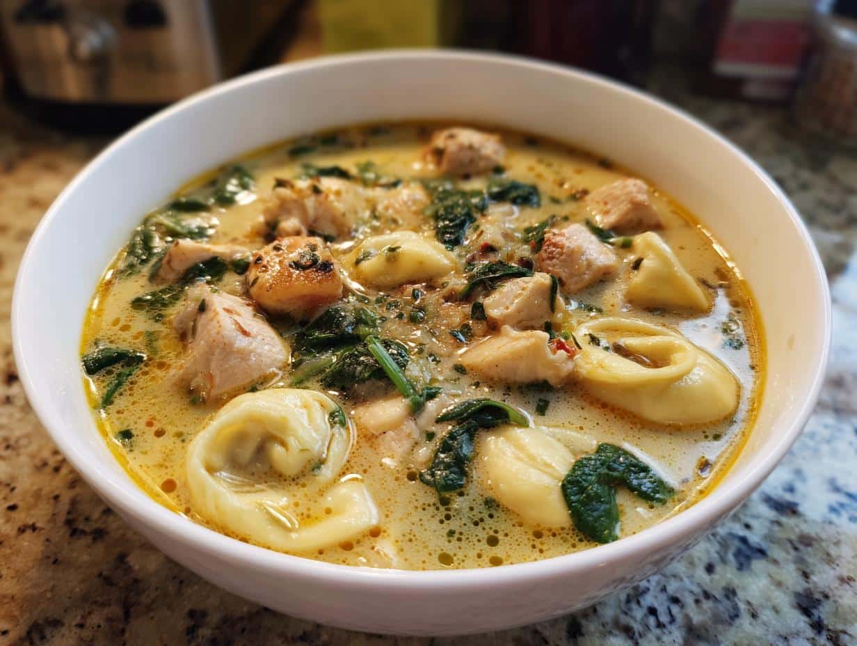 A close-up shot of a white bowl filled with Creamy Tortellini Chicken Soup, showing chicken pieces, tortellini, and spinach.