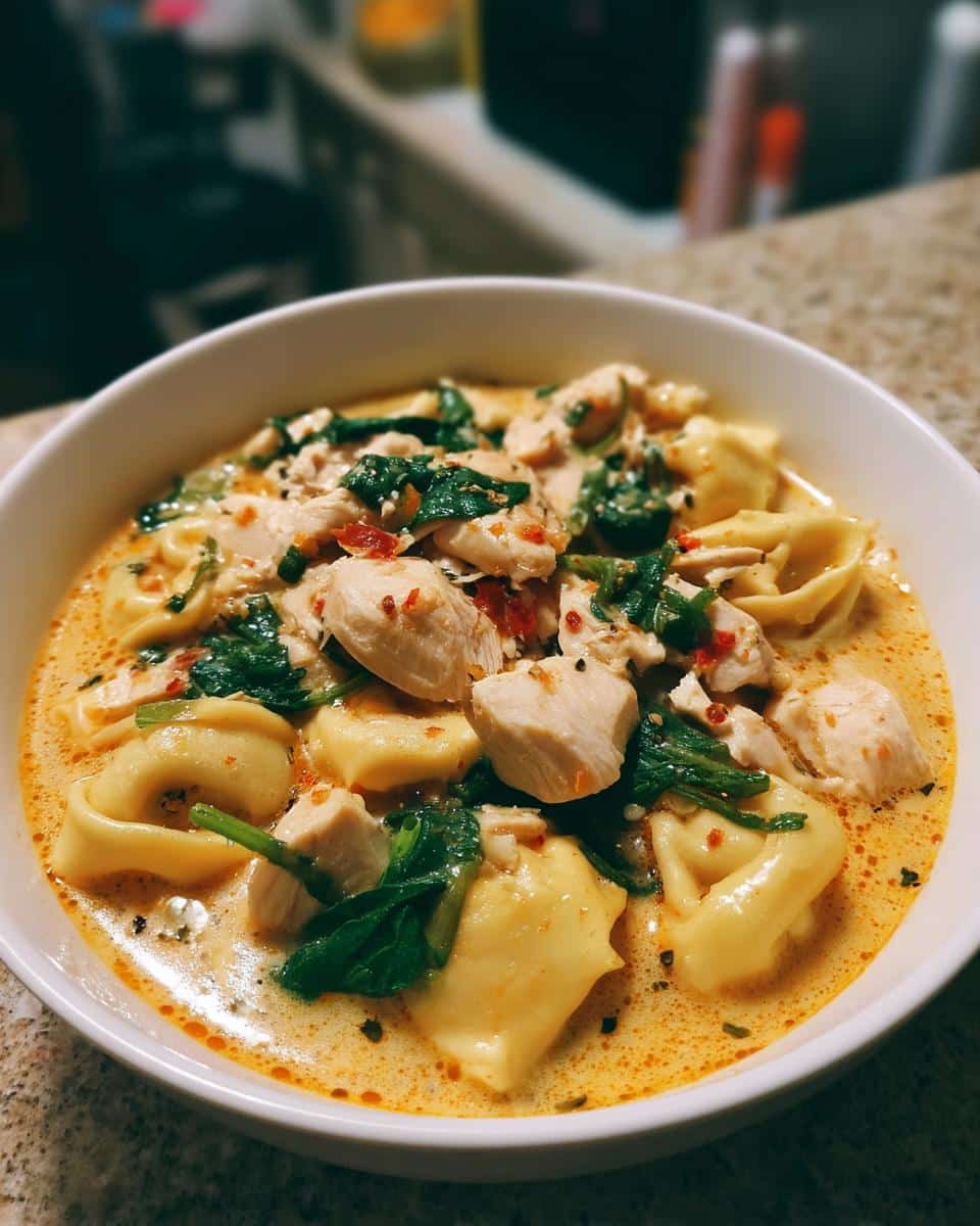 A close-up of a bowl of Creamy Tortellini Chicken Soup, featuring tortellini, chicken pieces, and spinach in a rich orange broth.