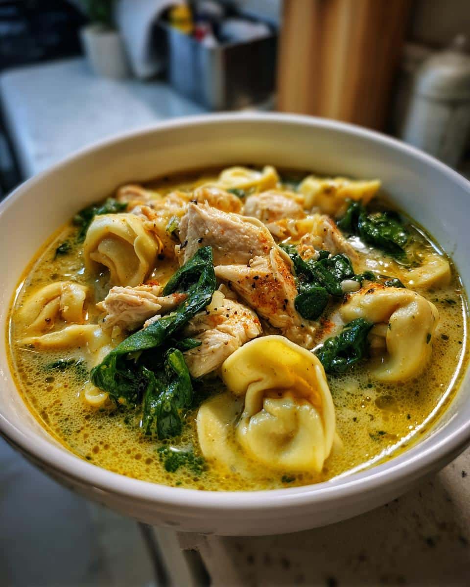 A close-up shot of a bowl of Creamy Tortellini Chicken Soup, featuring tortellini, chicken pieces, and spinach in a rich, creamy broth.