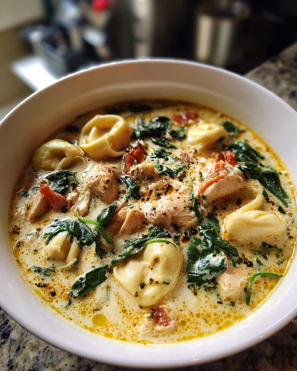 A close-up of a bowl filled with Creamy Tortellini Chicken Soup, featuring tortellini, chicken pieces, spinach, and tomatoes.