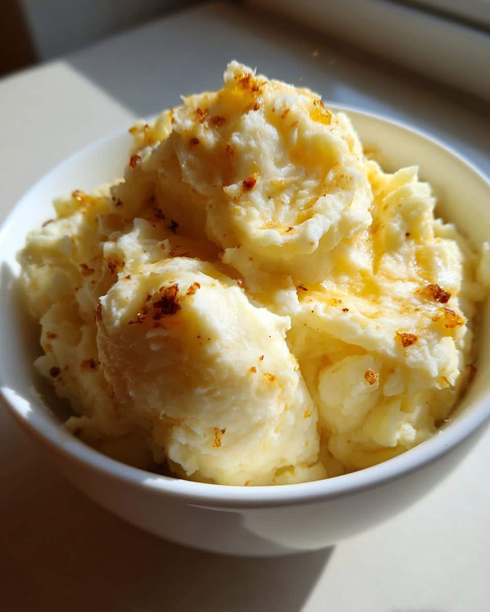 Close-up of creamy Truffle Butter Mashed Potatoes in a white bowl, topped with melted butter and golden brown crispy bits.