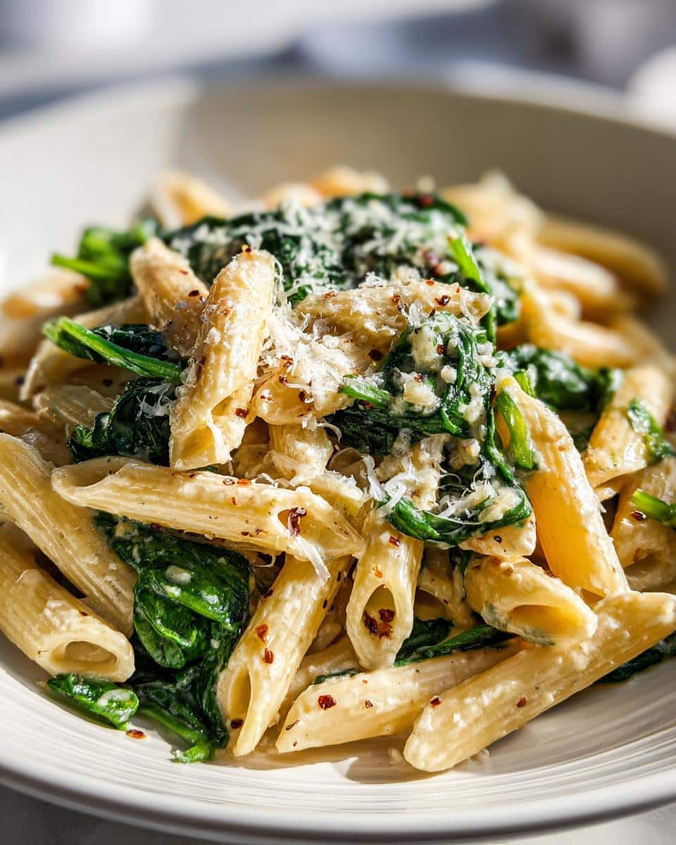 A close-up of a bowl of Creamy Tuscan Spinach Pasta, featuring penne, vibrant spinach, and a sprinkle of cheese.
