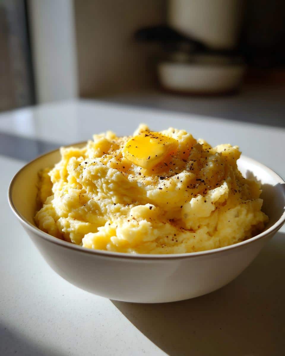 A close-up of a white bowl filled with creamy Yukon Gold Mashed Potatoes, topped with a melting pat of butter and black pepper.