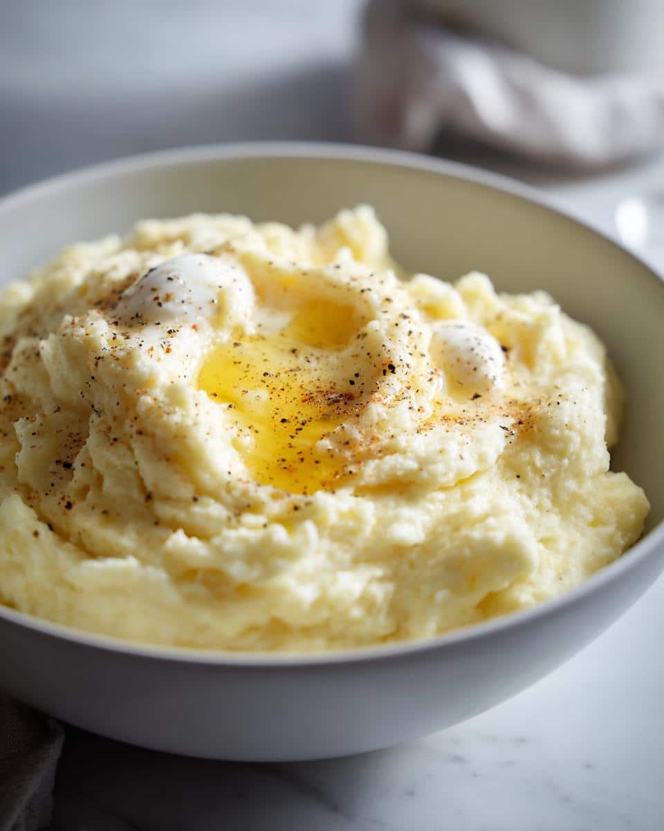 Close-up of a bowl of creamy Yukon Gold Mashed Potatoes with melted butter and black pepper on top.