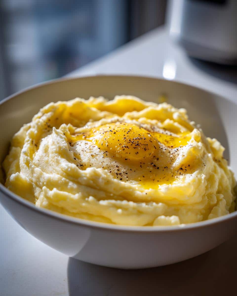 Close-up of creamy Yukon Gold Mashed Potatoes in a white bowl, topped with melted butter and black pepper.