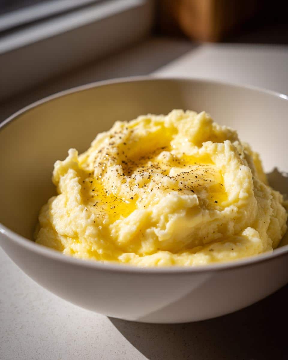 A bowl of creamy Yukon Gold Mashed Potatoes topped with melted butter and freshly ground black pepper.