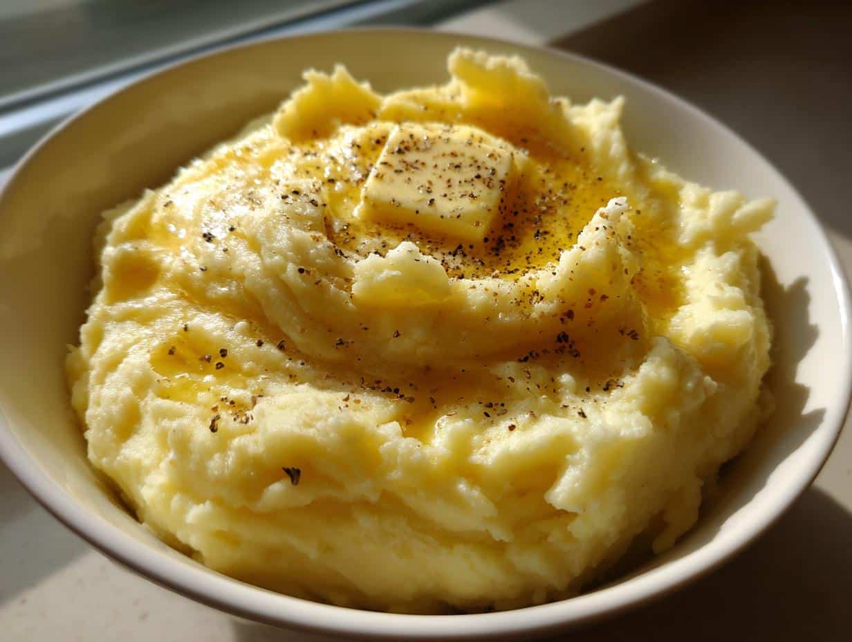 A close-up of a bowl of creamy Yukon Gold Mashed Potatoes topped with melting butter and freshly ground black pepper.
