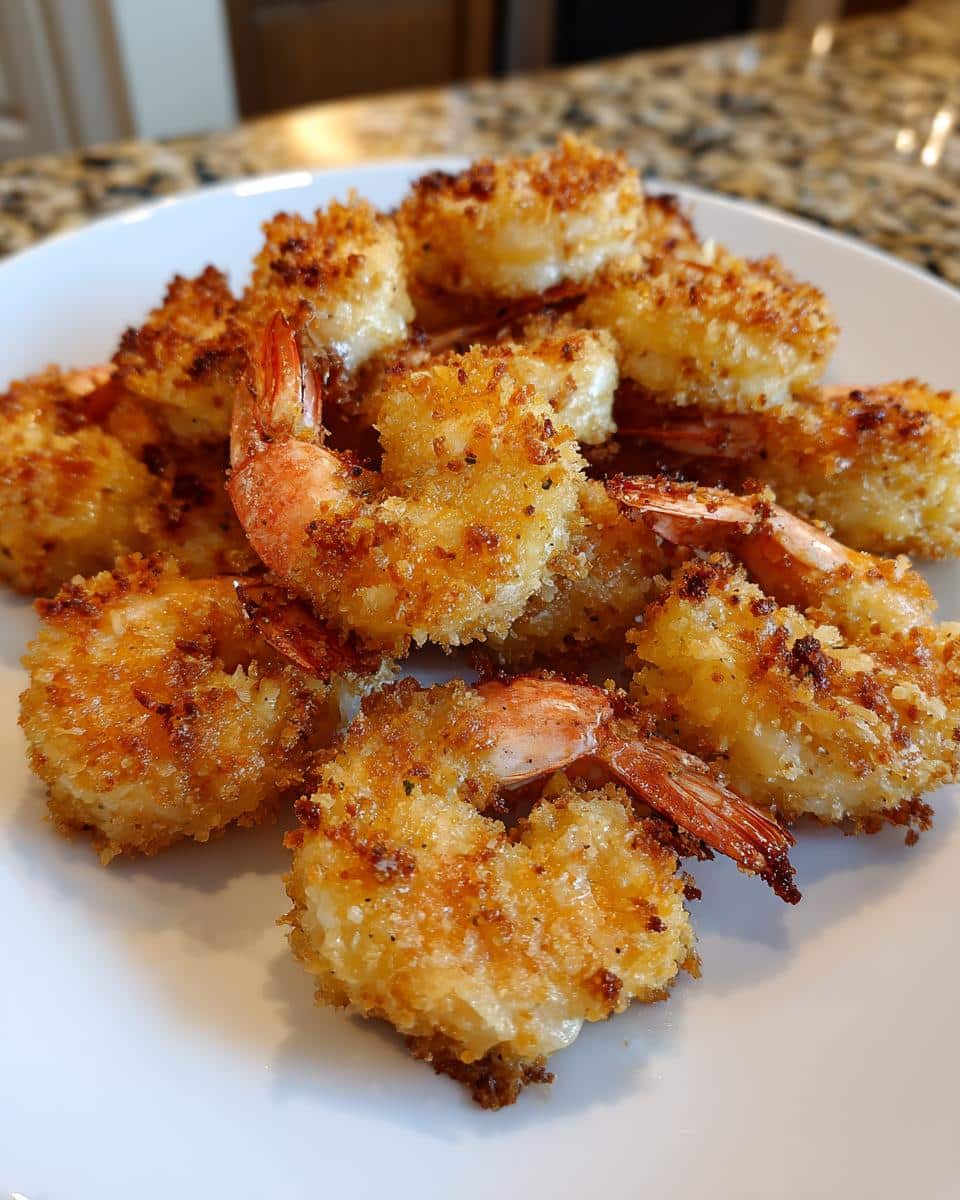 20-Minute Crispy Air Fryer Breaded Shrimp You’ll Crave 5 A close-up of a white plate piled high with golden-brown, crispy Air Fryer Breaded Shrimp, showing the textured breading.