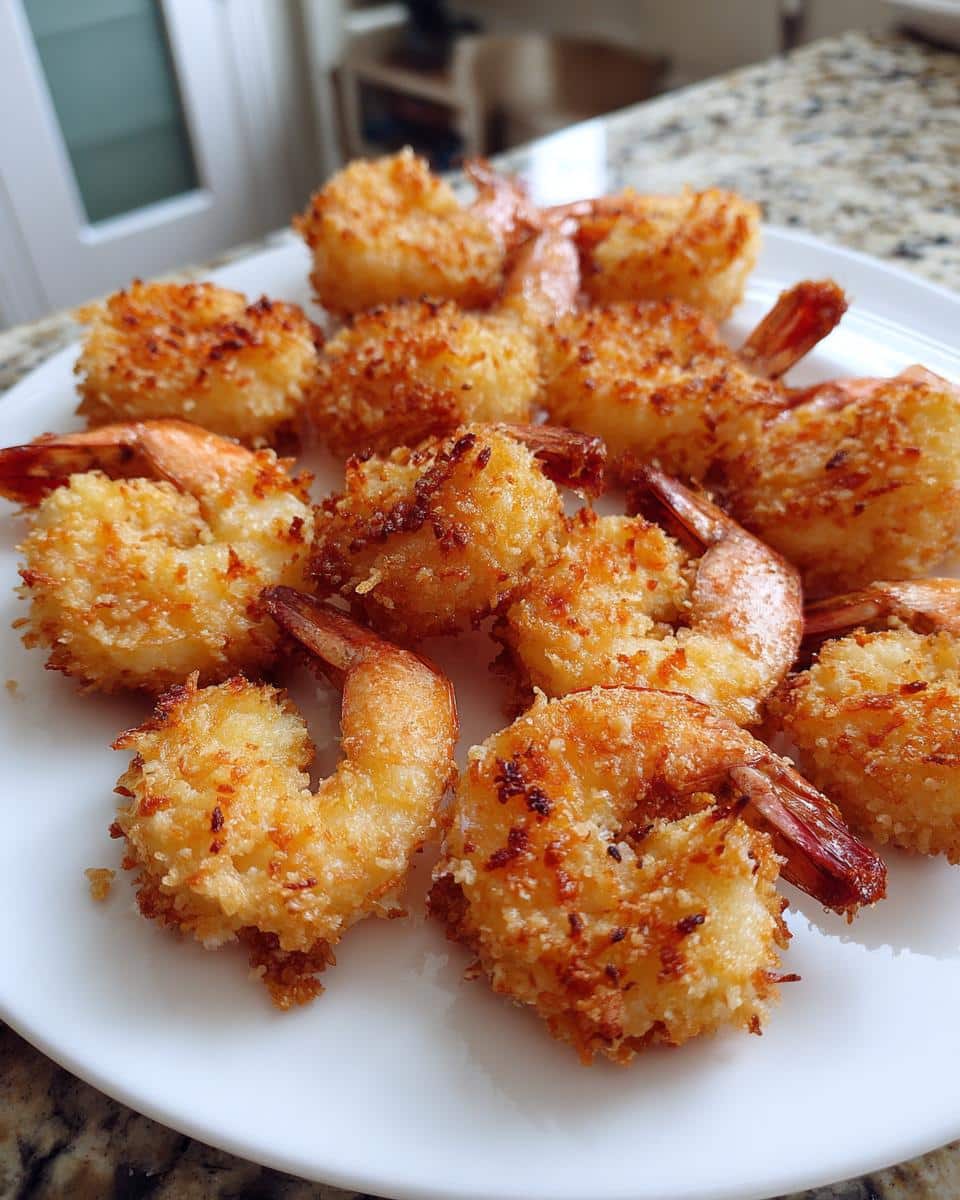 20-Minute Crispy Air Fryer Breaded Shrimp You’ll Crave 4 A close-up of a white plate filled with golden brown, crispy Air Fryer Breaded Shrimp, showing their crunchy texture.