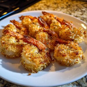 20-Minute Crispy Air Fryer Breaded Shrimp You’ll Crave 6 A close-up of a white plate filled with golden-brown, crispy Air Fryer Breaded Shrimp, seasoned with herbs.