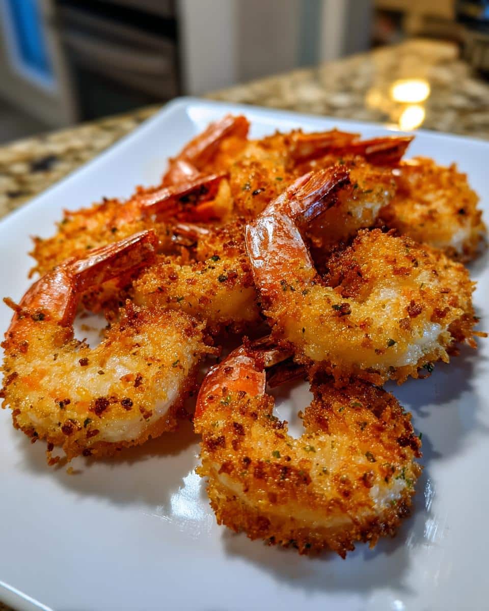 20-Minute Crispy Air Fryer Breaded Shrimp You’ll Crave 2 A close-up of a plate filled with golden brown, crispy Air Fryer Breaded Shrimp, garnished with specks of green herbs.