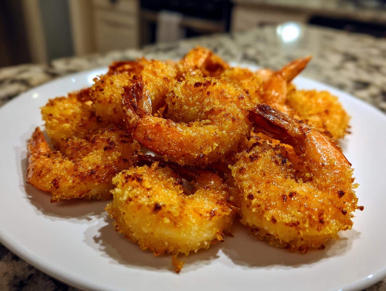 20-Minute Crispy Air Fryer Breaded Shrimp You’ll Crave 1 A close-up of a white plate piled high with golden-brown, crispy Air Fryer Breaded Shrimp, showing their crunchy texture.