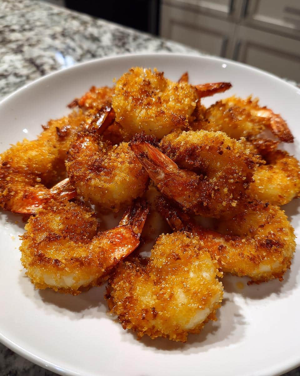 20-Minute Crispy Air Fryer Breaded Shrimp You’ll Crave 3 A close-up of a white plate piled high with golden-brown, crispy Air Fryer Breaded Shrimp, perfectly cooked.