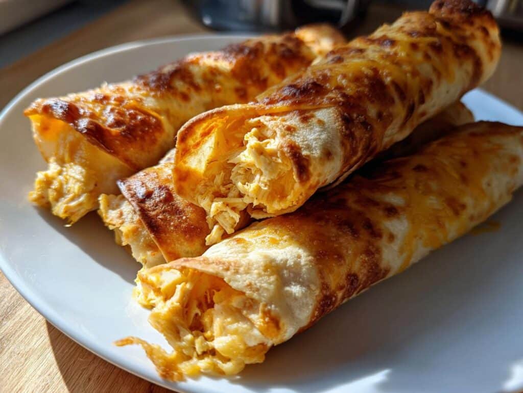 Close-up of golden-brown Air Fryer Chicken Taquitos filled with shredded chicken and cheese, served on a white plate.