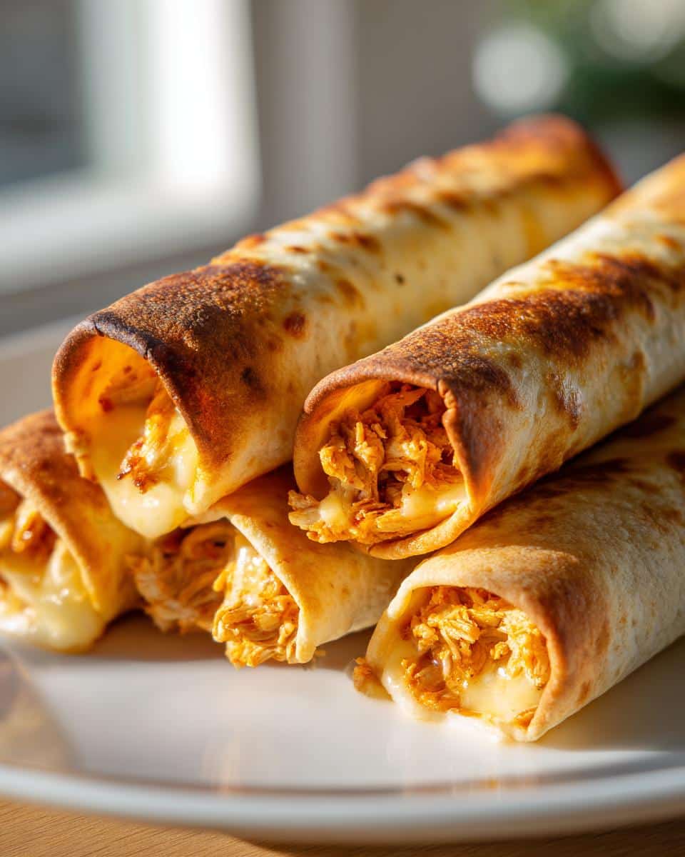 Close-up of several golden-brown Air Fryer Chicken Taquitos with melted cheese and shredded chicken filling visible.