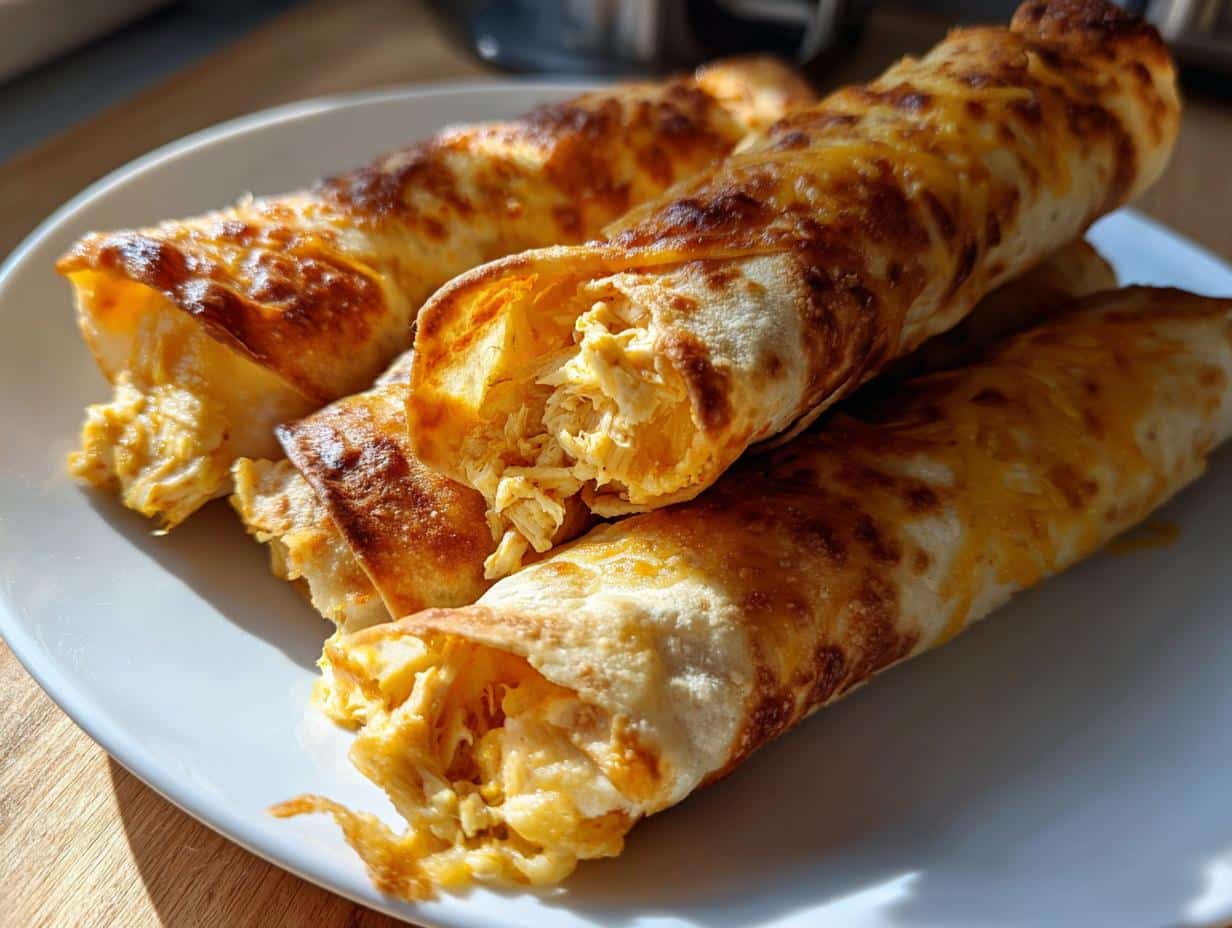 Close-up of golden-brown Air Fryer Chicken Taquitos filled with shredded chicken and cheese, served on a white plate.