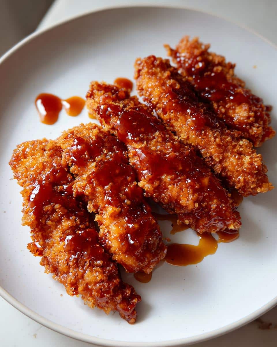 Close-up of crispy Air Fryer Honey BBQ Chicken Tenders on a white plate, coated in a glossy, rich BBQ sauce.