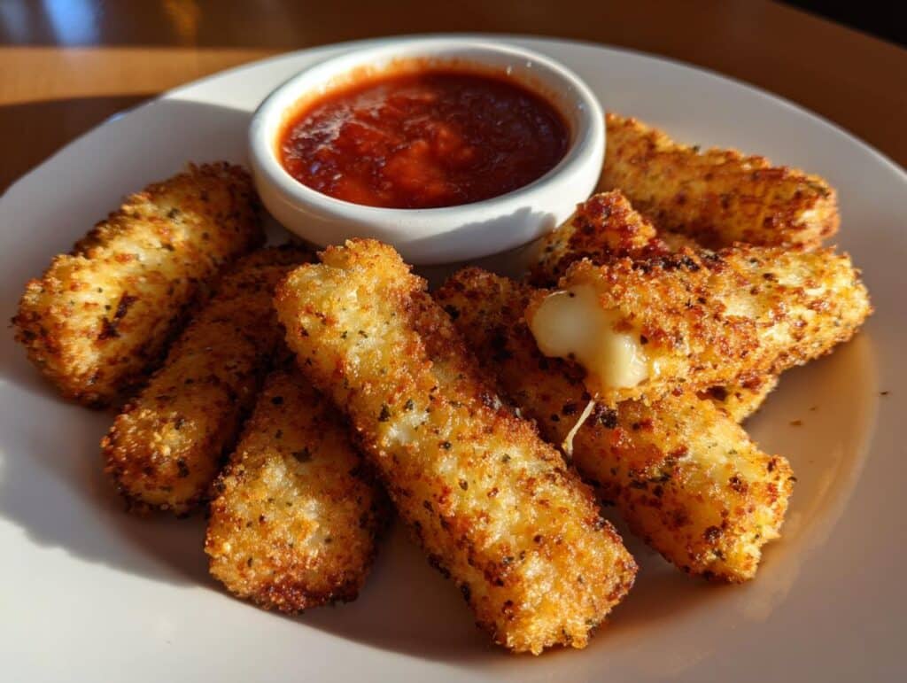 A plate of golden-brown, crispy Air Fryer Mozzarella Sticks with a small bowl of marinara sauce for dipping. One stick shows melted cheese oozing out.
