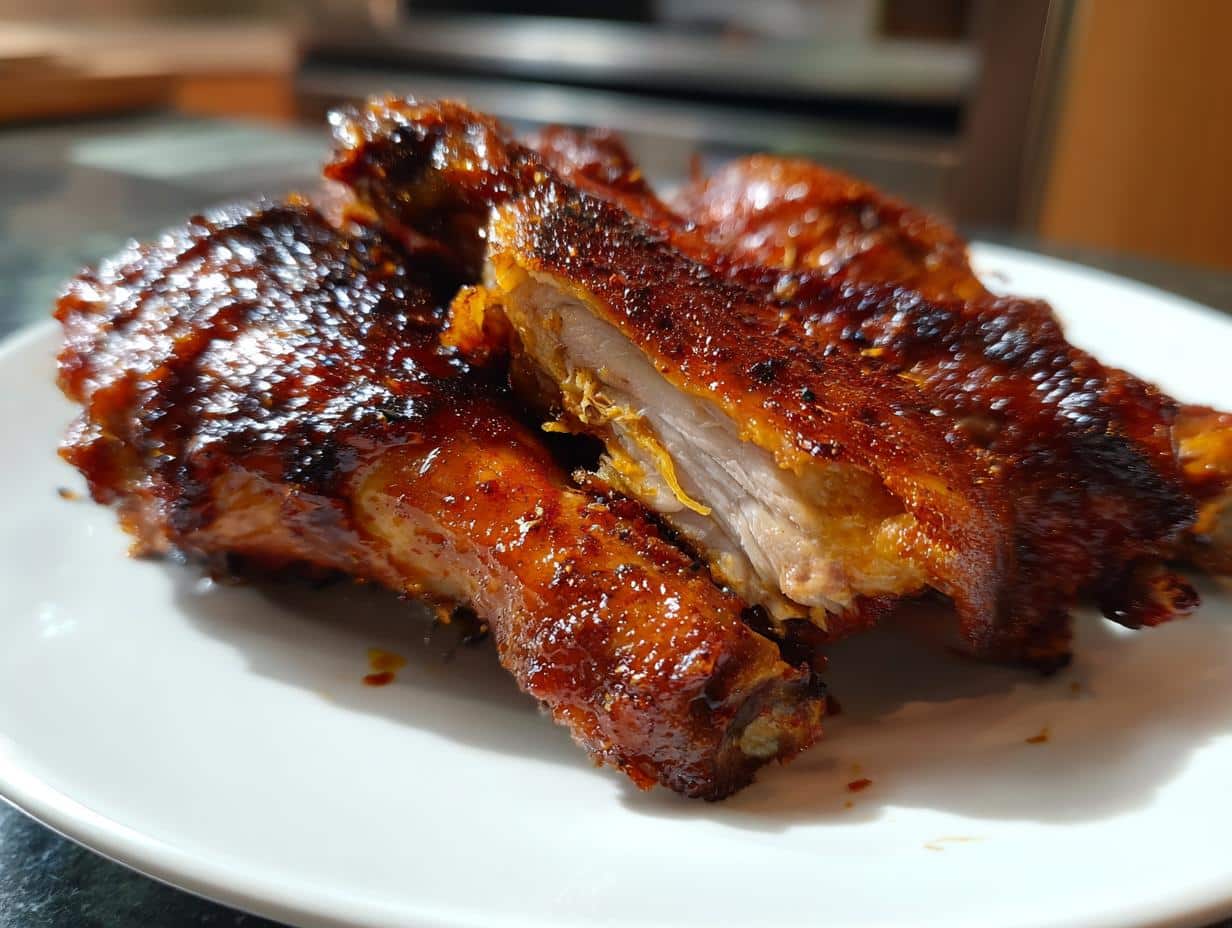 Close-up of a plate of golden-brown Crispy Baked Chicken Drumsticks, one cut open to show juicy white meat.