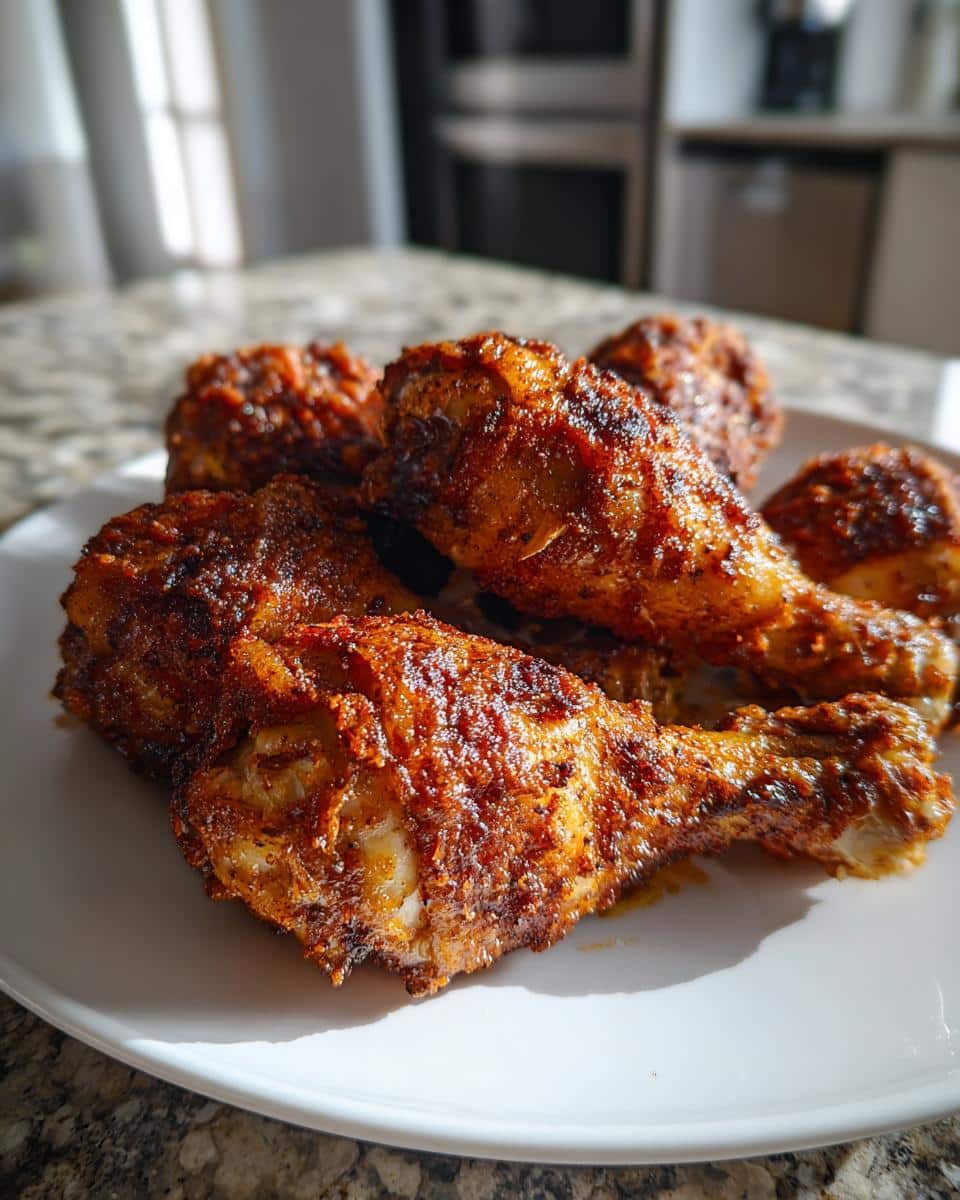 A close-up of several golden brown Crispy Baked Chicken Drumsticks on a white plate, with a kitchen background.