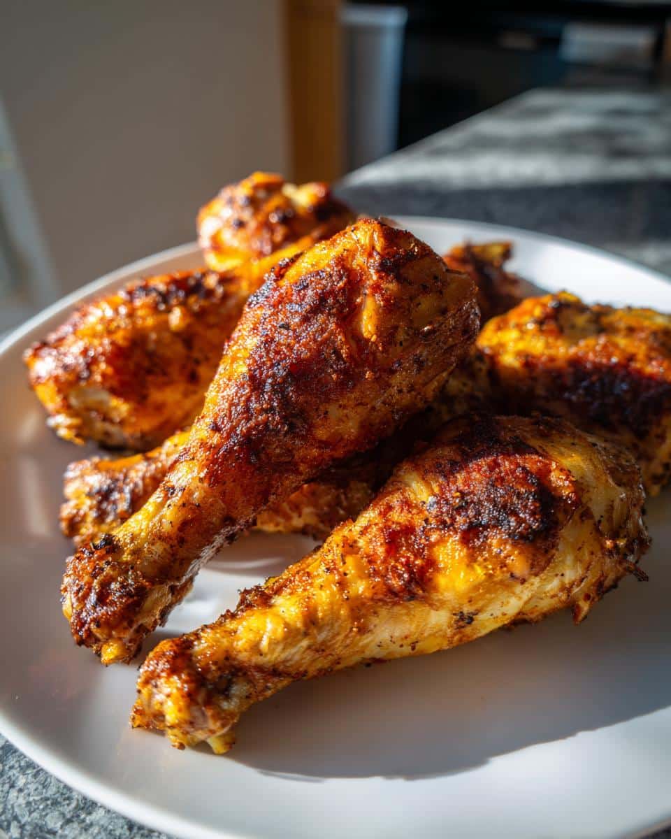 A close-up of several golden brown Crispy Baked Chicken Drumsticks piled on a white plate, showcasing their crispy skin.