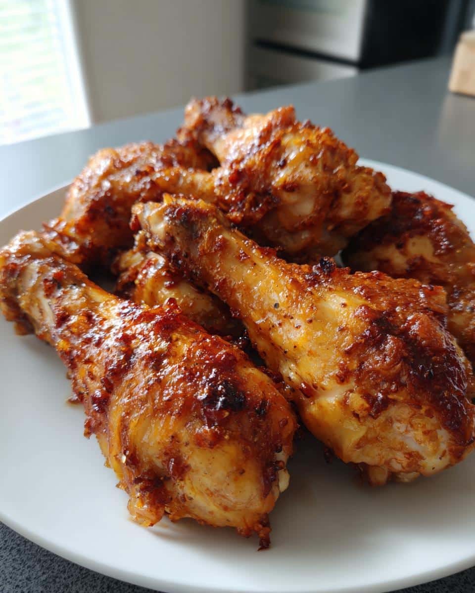 A close-up of several golden brown and crispy baked chicken drumsticks on a white plate, seasoned with spices.