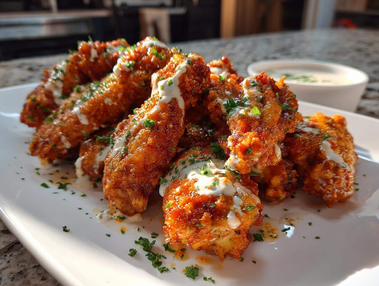 A platter of golden-brown, crispy Buttermilk Ranch Wings drizzled with creamy ranch sauce and sprinkled with fresh parsley.