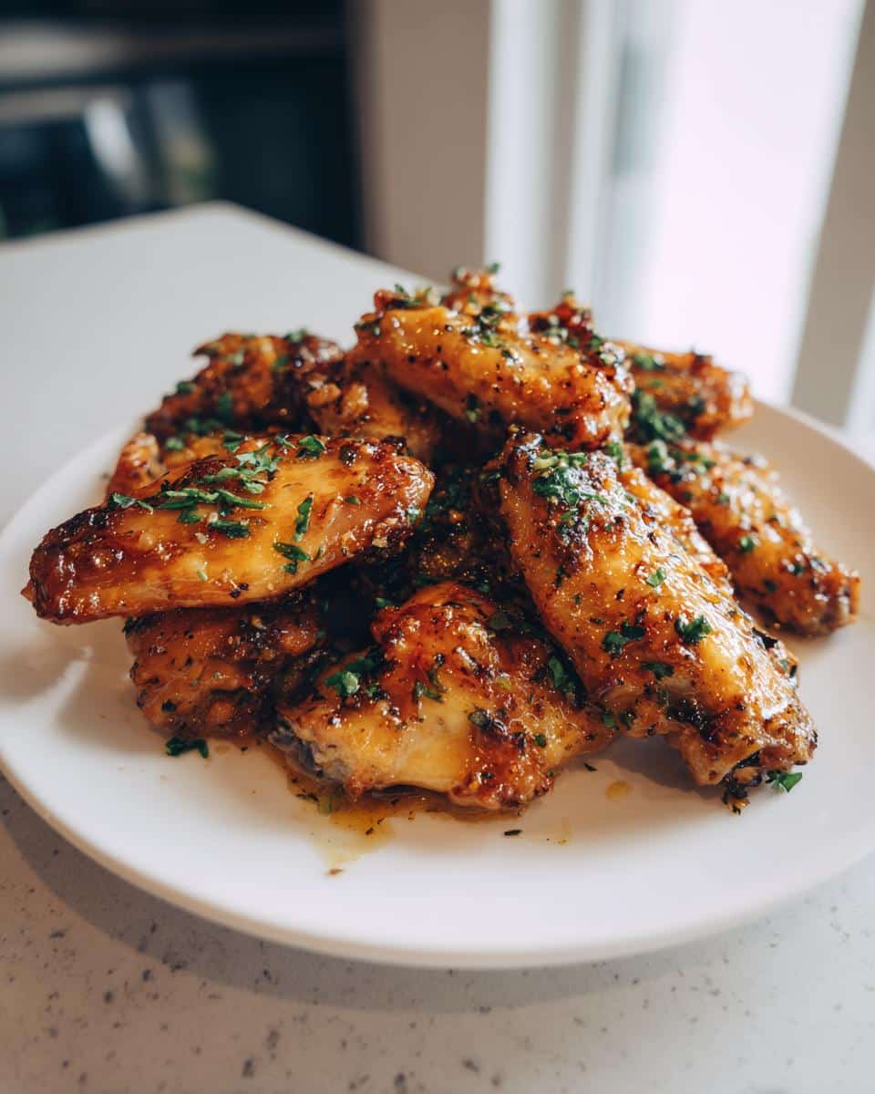 Crispy Garlic Butter Wings: 30-Minute Magic for Busy Cooks 3 A white plate piled high with golden brown Crispy Garlic Butter Wings, garnished with fresh chopped parsley.