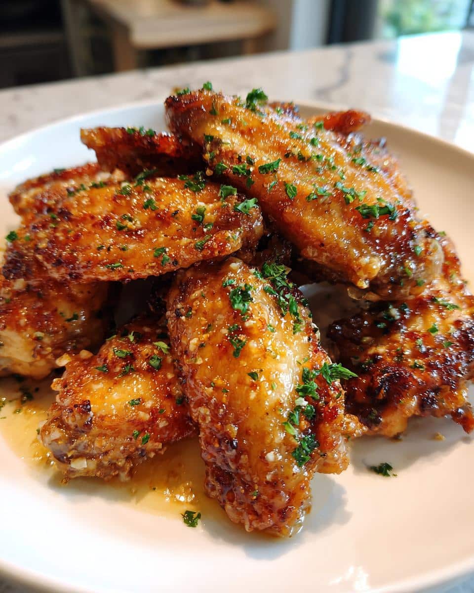 Crispy Garlic Butter Wings: 30-Minute Magic for Busy Cooks 5 Close-up of a white plate piled high with golden-brown Crispy Garlic Butter Wings, glistening with sauce and sprinkled with fresh parsley.