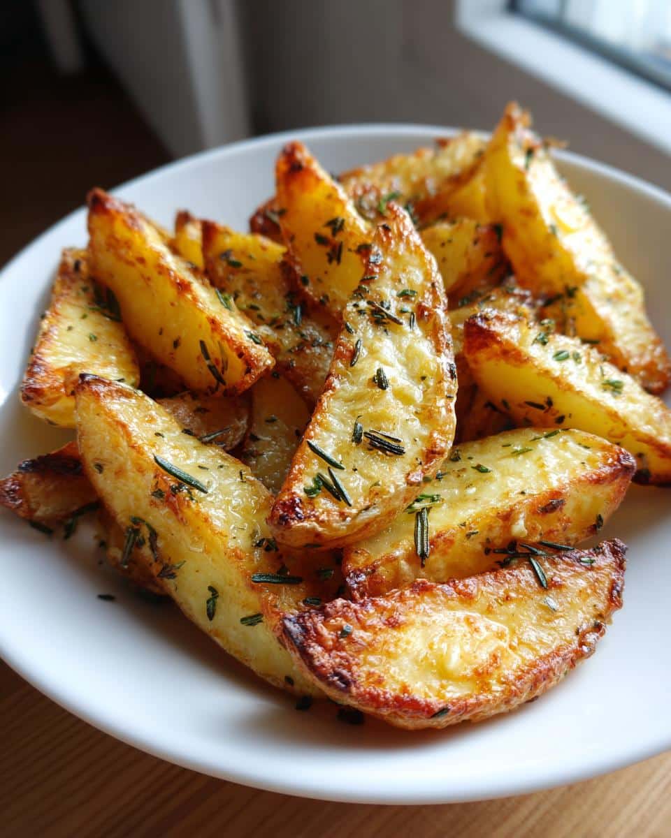 A white bowl filled with golden brown Crispy Herb Potato Wedges, garnished with dried herbs like rosemary and parsley.