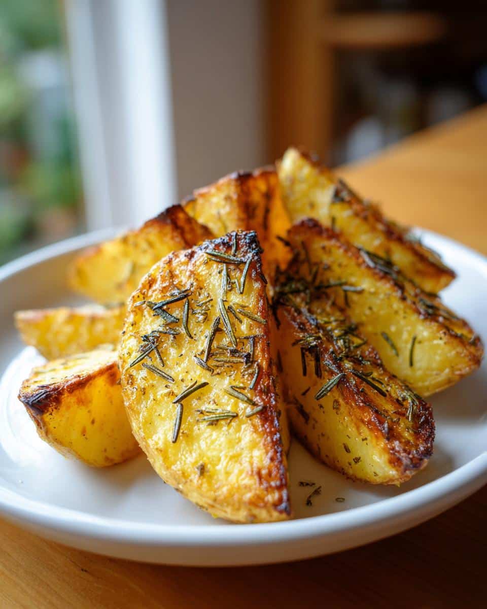 Close-up of golden brown Crispy Herb Potato Wedges seasoned with rosemary, served on a white plate.