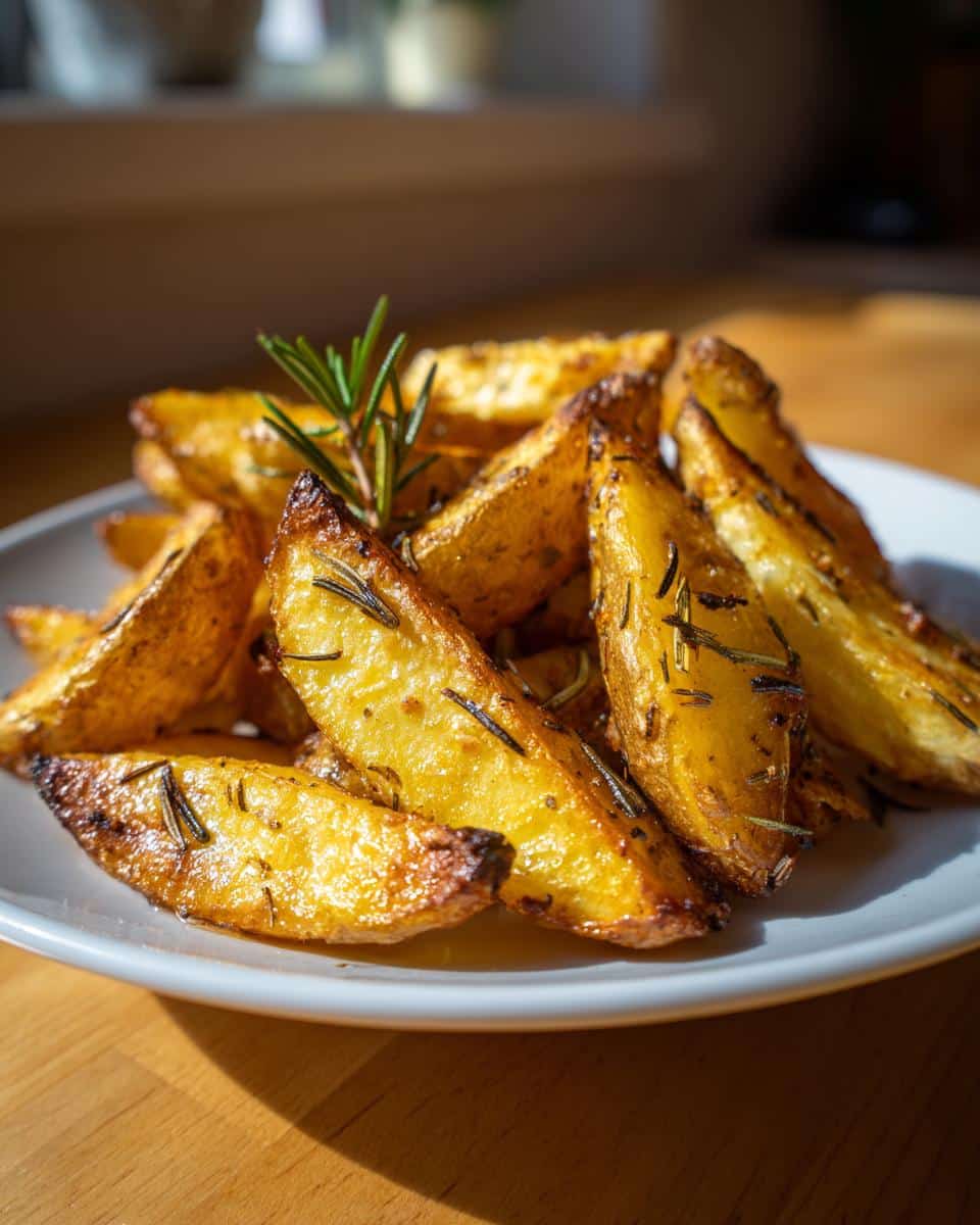 A close-up of a white plate filled with golden brown Crispy Herb Potato Wedges, garnished with fresh rosemary.