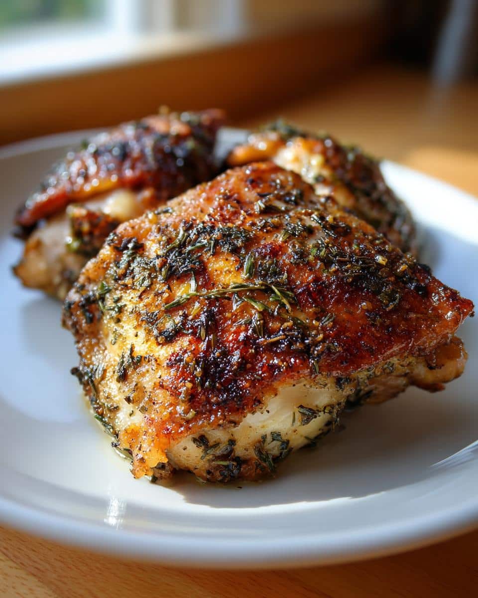 Close-up of three golden-brown Crispy Herbed Chicken Thighs on a white plate, seasoned with herbs.