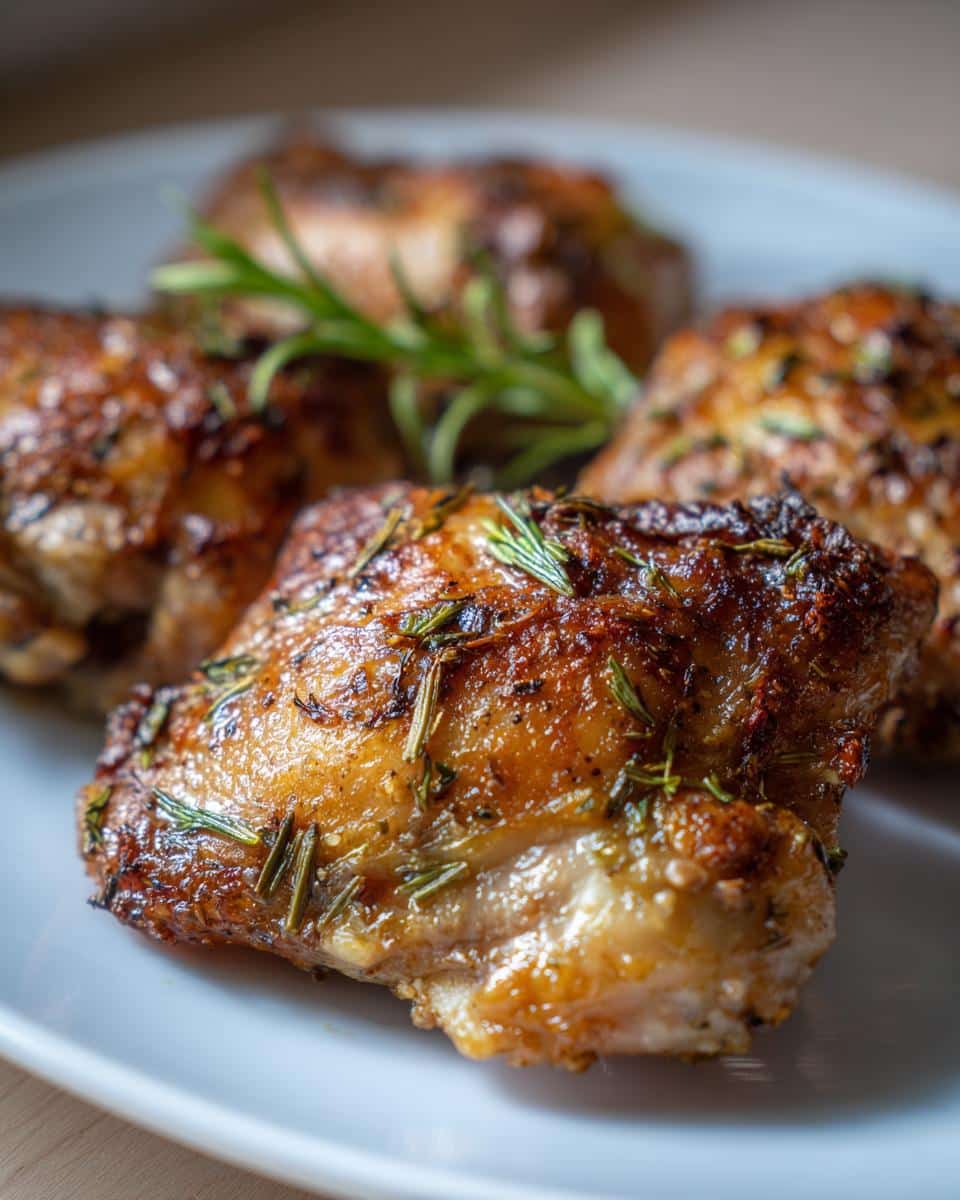 Close-up of golden brown Crispy Herbed Chicken Thighs garnished with fresh rosemary on a white plate.