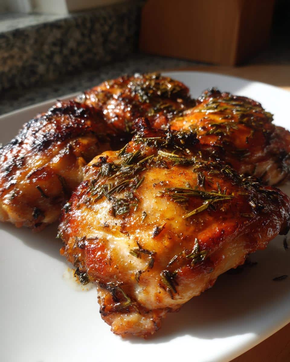 Three golden brown Crispy Herbed Chicken Thighs on a white plate, glistening with herbs and seasoning.