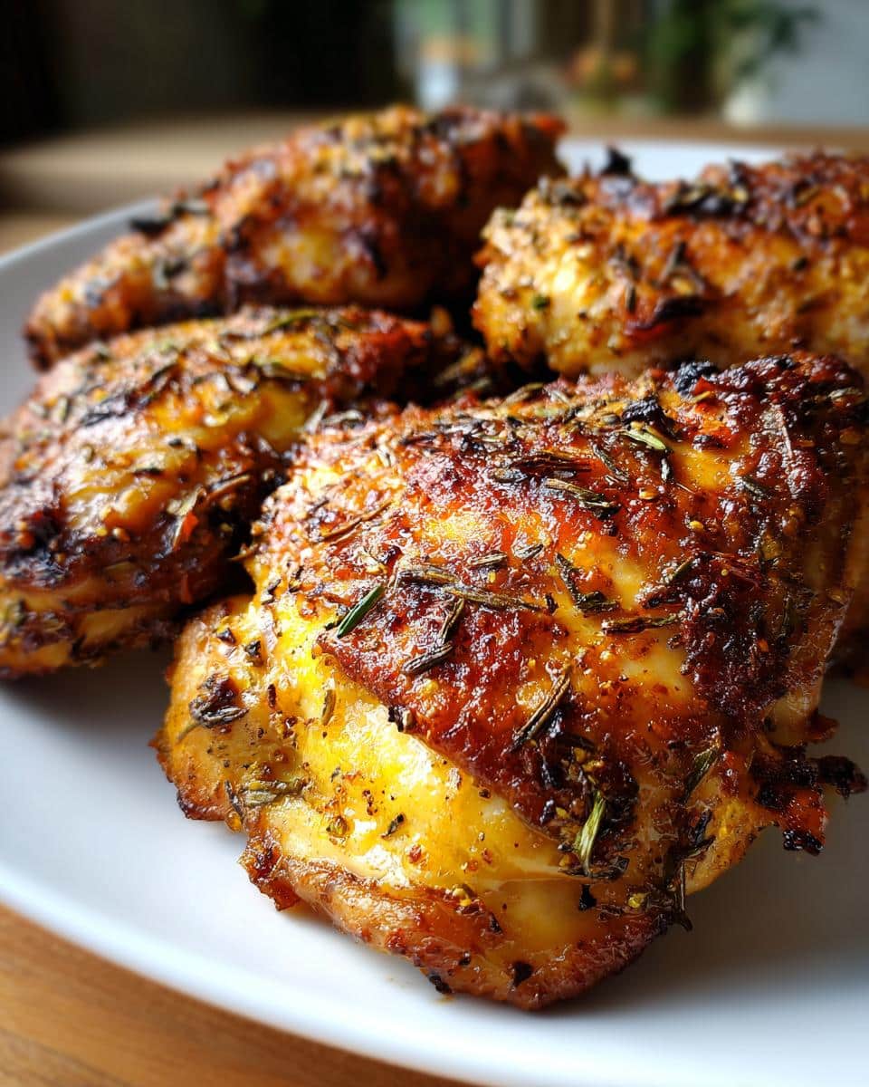 Close-up of a plate filled with golden brown Crispy Herbed Chicken Thighs, garnished with visible herbs.