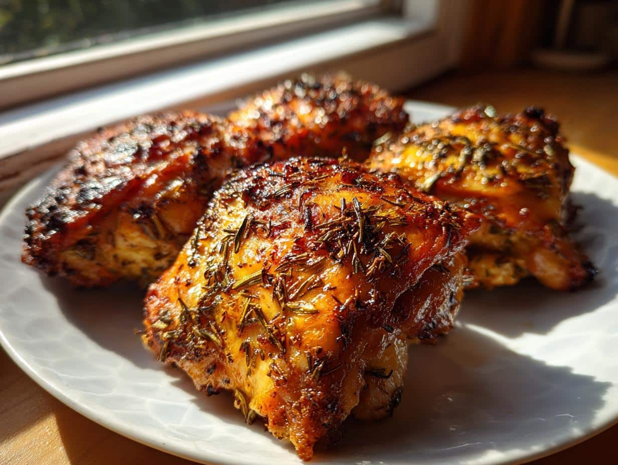 Four golden brown Crispy Herbed Chicken Thighs on a white plate, seasoned with herbs and glistening in natural light.