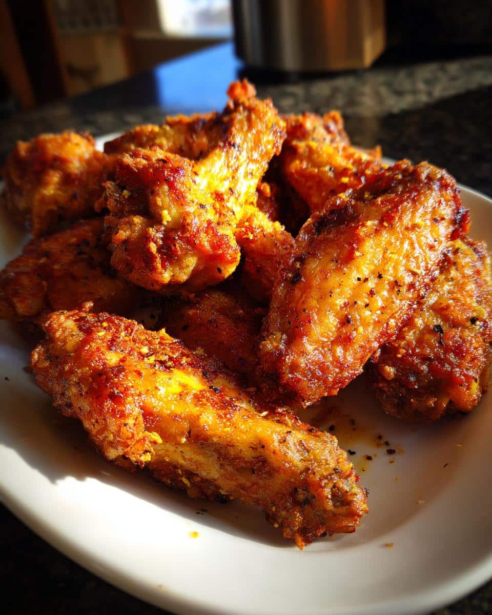 Close-up of a pile of golden-brown, crispy Lemon Pepper Dry Rub Wings on a white plate, seasoned with black pepper and spices.