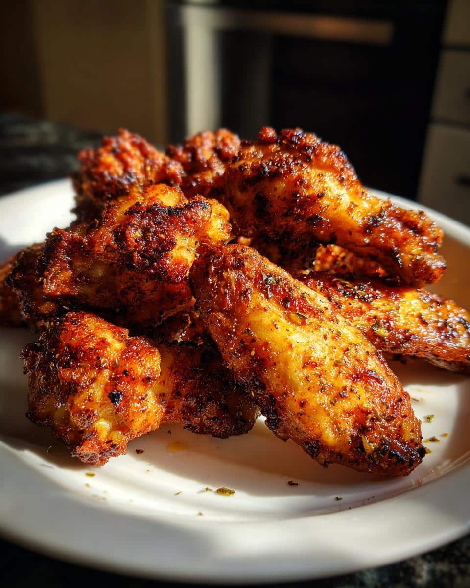 A close-up of crispy, golden-brown Lemon Pepper Dry Rub Wings piled on a white plate, seasoned with herbs.