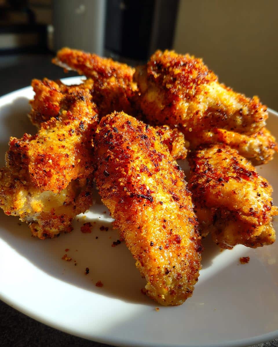 A close-up of several crispy Lemon Pepper Dry Rub Wings on a white plate, showing the golden-brown skin and seasoning.