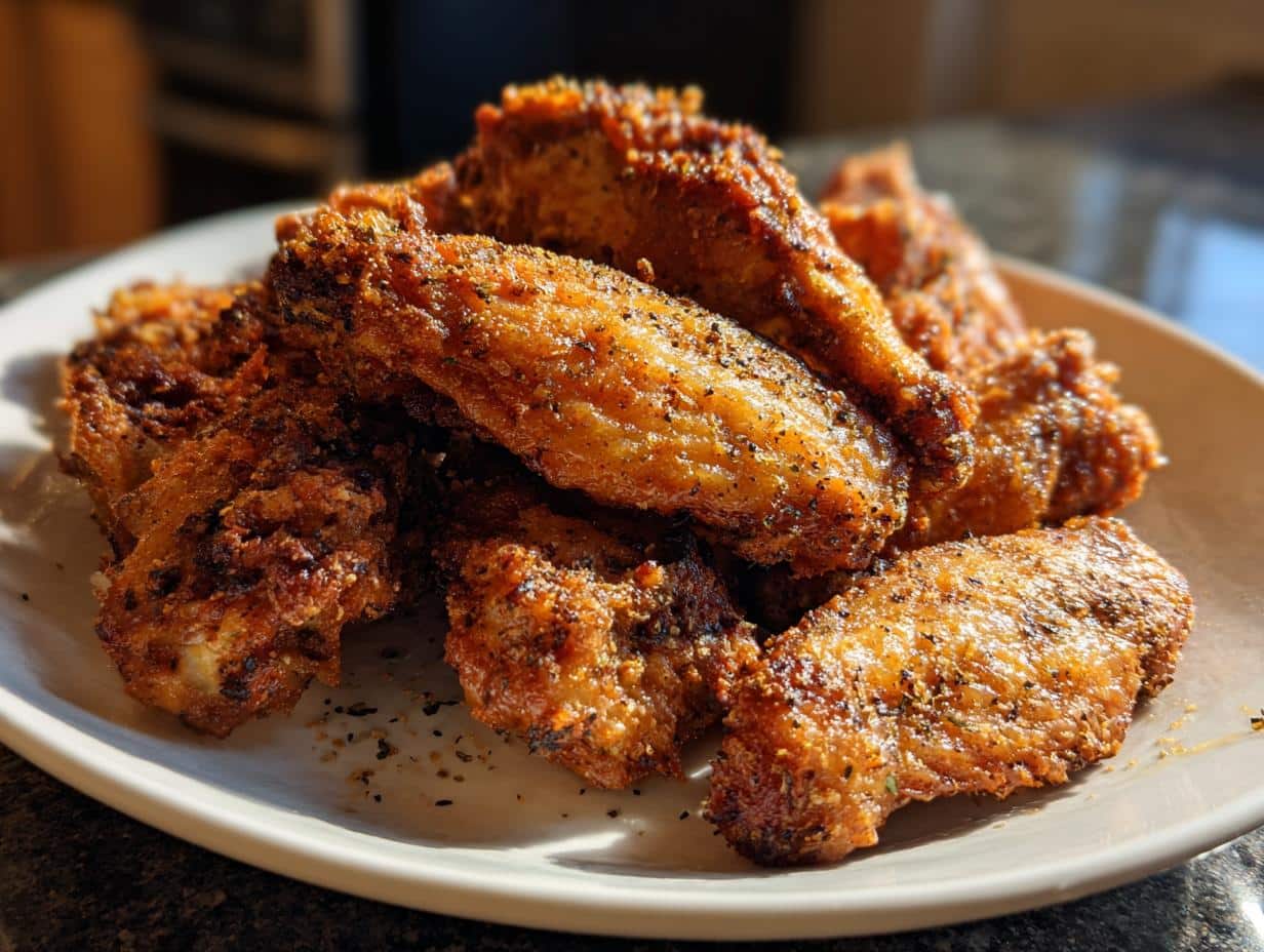 A close-up of a pile of golden-brown, crispy Lemon Pepper Dry Rub Wings on a white plate, seasoned with black pepper.