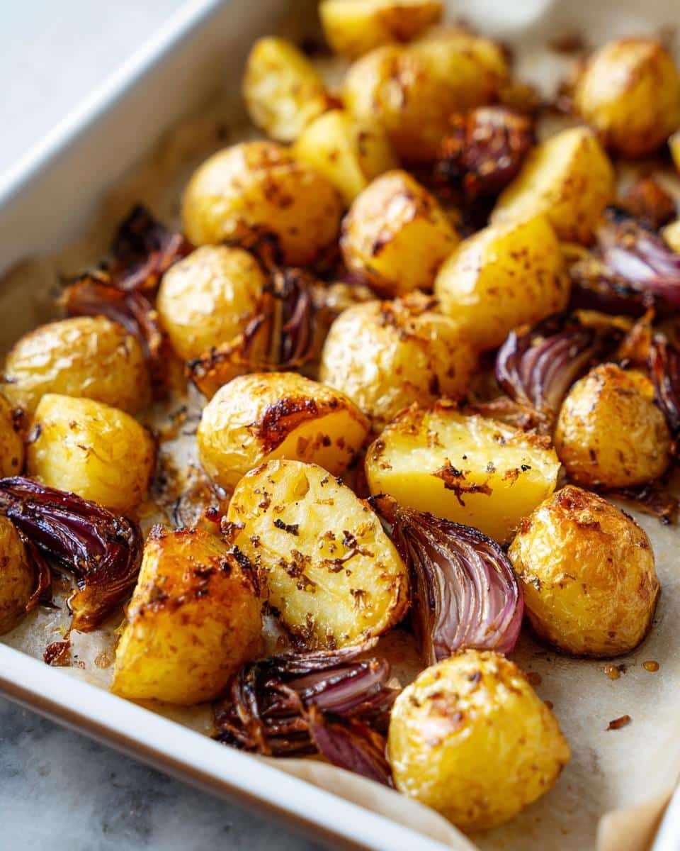 Close-up of golden brown Oven Roasted Potatoes and Onions in a white baking dish lined with parchment paper.